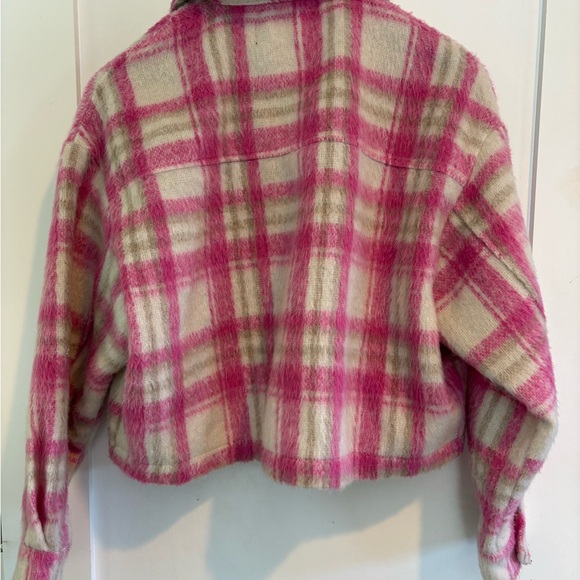 Zara Pink Ivory Plaid Cropped Shacket Oversized Trucker Jacket XS - Picture 3 of 10